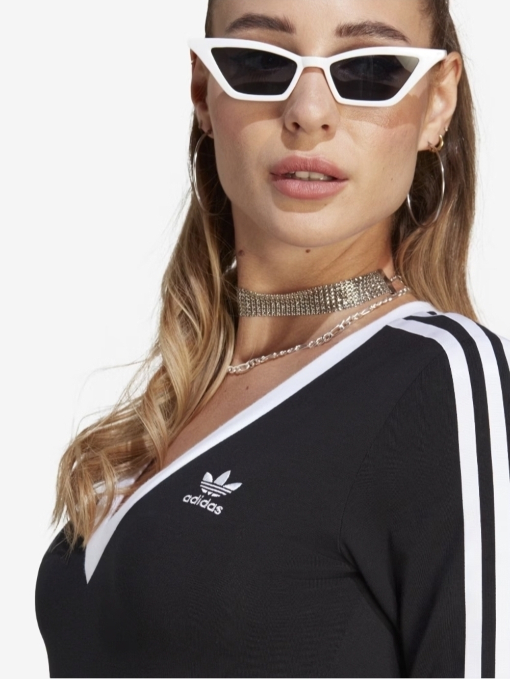 adidas Black Maxi Dress with White V-Neck and Sleeve Stripes